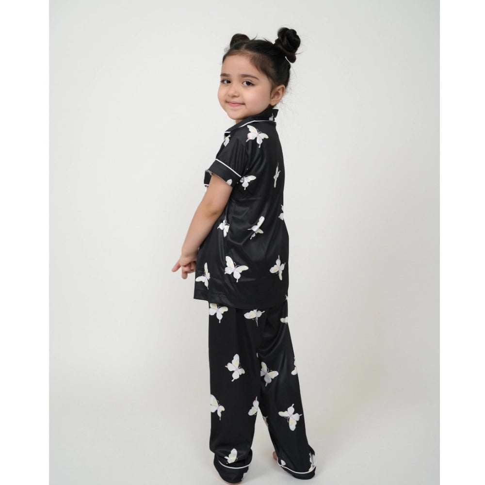 Generic Girl's Silk Bleand Printed Short Sleeve Night Suit Set (Black) kids Wear
