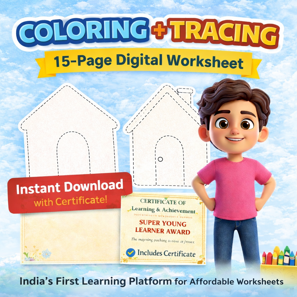 15 Page Coloring & Tracing Worksheet for Kids (Ages 3–5) | Printable PDF – ₹29 Only