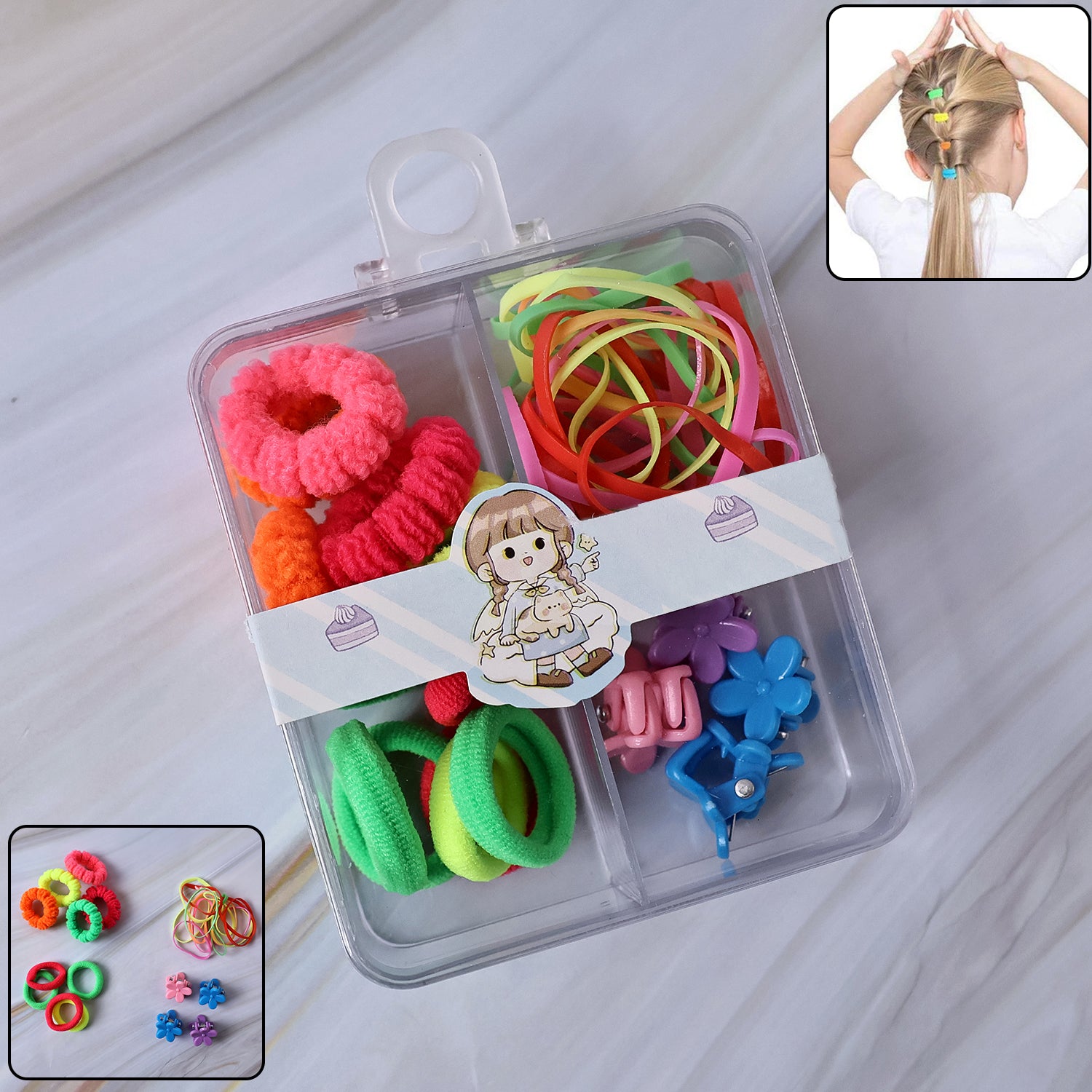 Kids Hair Bands Rubber Bands  Cute Hair Clips In Storage Box (Mix Design  1 Set) - Baby Care