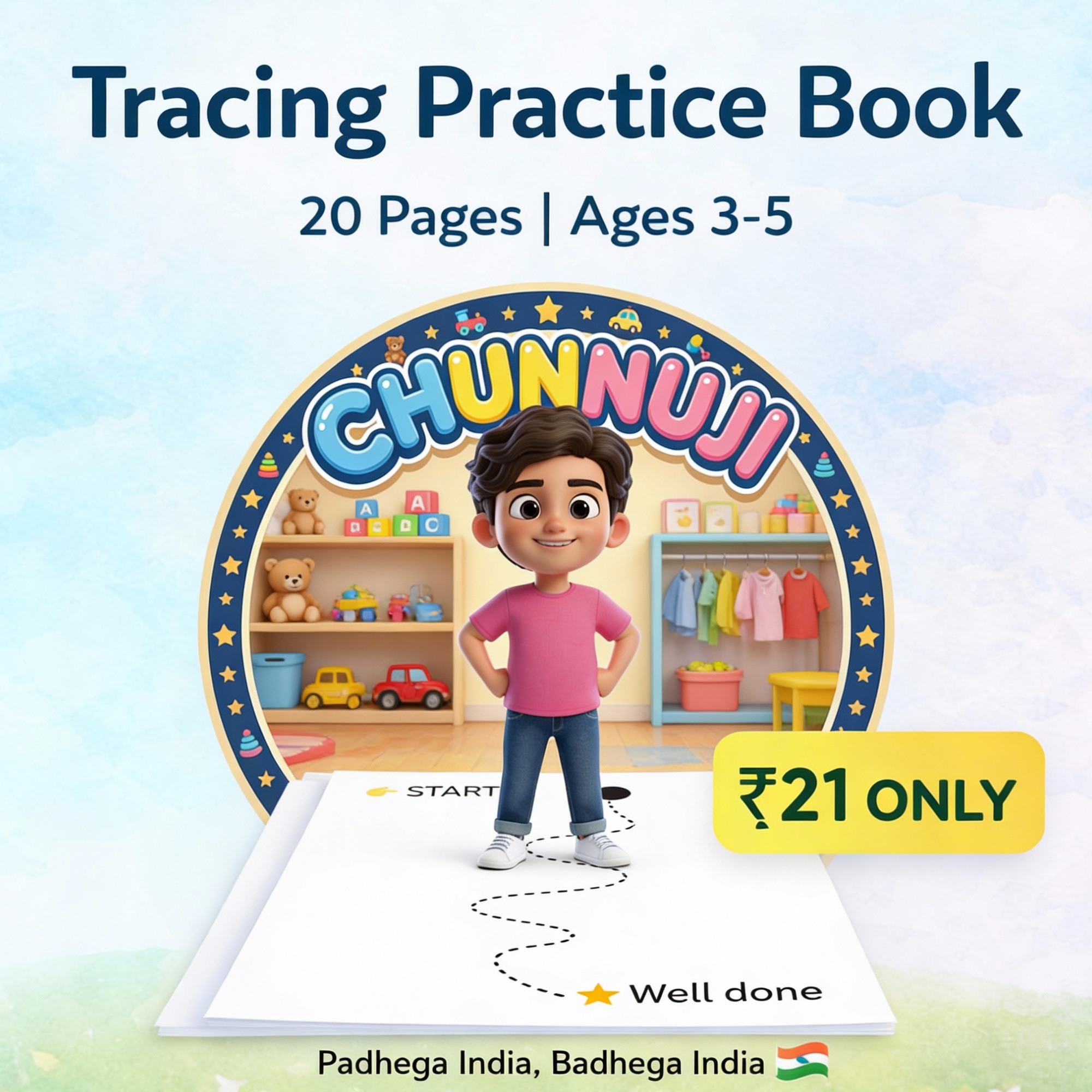 Tracing Practice Book for Kids (Ages 3–5) | 20 Pages Pencil Control & Line Tracing Workbook | Instant Download – ₹21 eBook