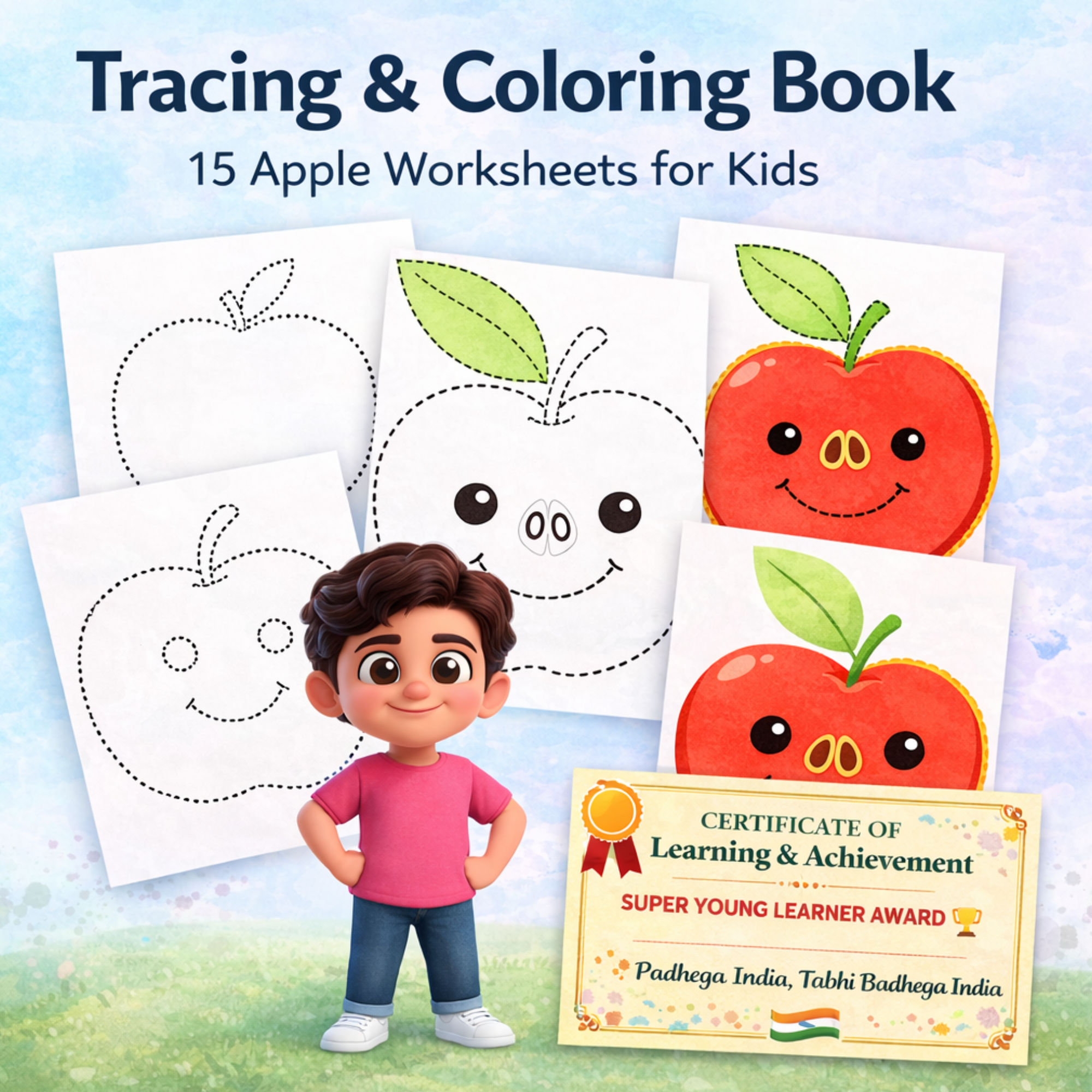 Apple Tracing & Coloring Book for Kids (Ages 3–5) | 15 Apple Worksheets + Certificate | ₹29
