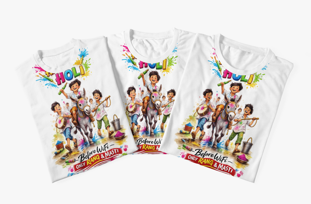 Before WiFi Happy Holi Kids T-Shirt | All Over Print | 170 GSM Dri-FIT | 5-13 Years | Holi Special Edition